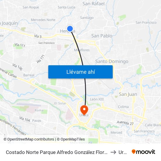 Costado Norte Parque Alfredo González Flores, Heredia to Uruca map