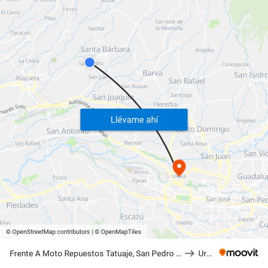 Frente A Moto Repuestos Tatuaje, San Pedro Santa Bárbara to Uruca map