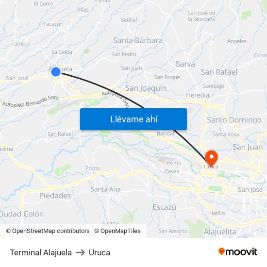 Terminal Alajuela to Uruca map