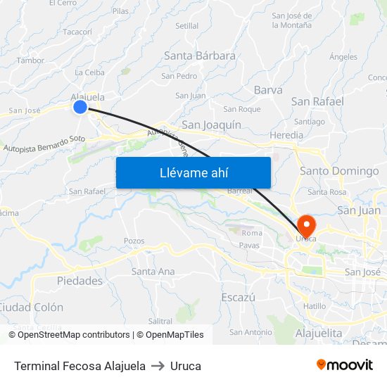 Terminal Fecosa Alajuela to Uruca map