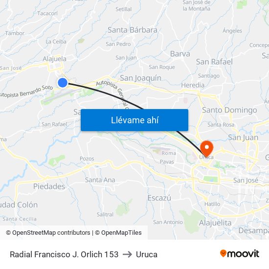 Radial Francisco J. Orlich 153 to Uruca map