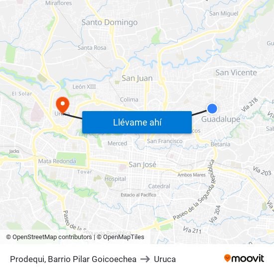 Prodequi, Barrio Pilar Goicoechea to Uruca map
