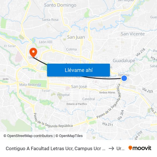 Contiguo A Facultad Letras Ucr, Campus Ucr Montes De Oca to Uruca map