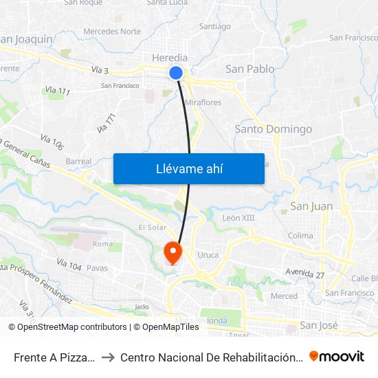 Frente A Pizza Hut, Heredia to Centro Nacional De Rehabilitación Dr. Humberto Araya Rojas map