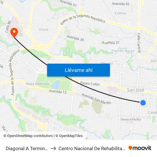 Diagonal A Terminal Lumaca San José to Centro Nacional De Rehabilitación Dr. Humberto Araya Rojas map