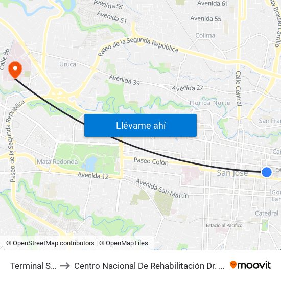 Terminal San José to Centro Nacional De Rehabilitación Dr. Humberto Araya Rojas map