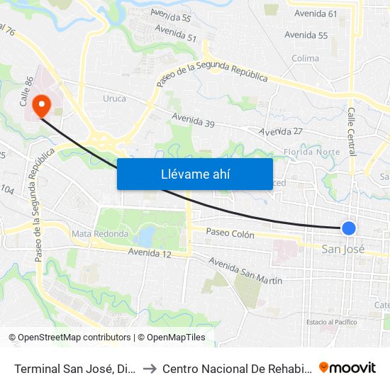 Terminal San José, Diagonal Plazoleta Tiradentes to Centro Nacional De Rehabilitación Dr. Humberto Araya Rojas map