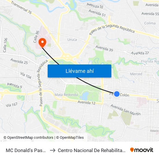 MC Donald's Paseo Colón, San José to Centro Nacional De Rehabilitación Dr. Humberto Araya Rojas map