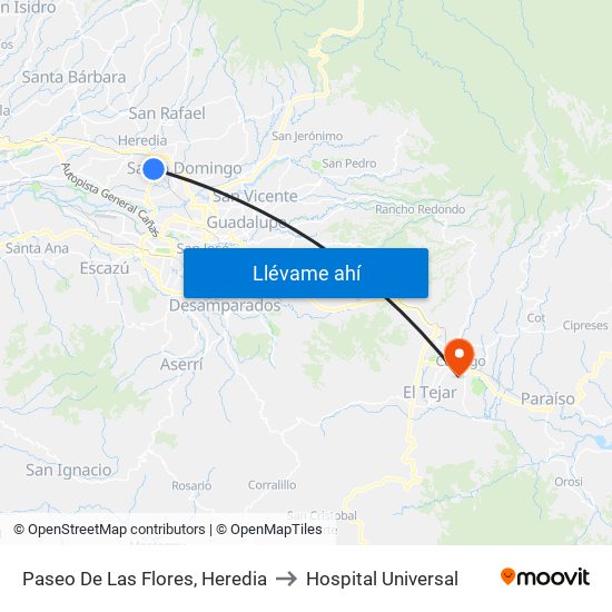 Paseo De Las Flores, Heredia to Hospital Universal map