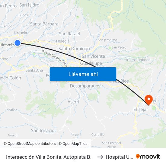 Intersección Villa Bonita, Autopista Bernardo Soto Alajuela to Hospital Universal map