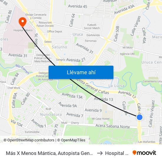 Más X Menos Mántica, Autopista General Cañas San José to Hospital México map