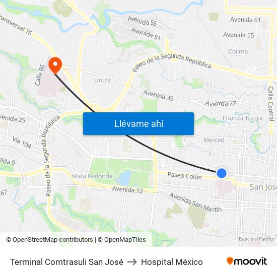 Terminal Comtrasuli San José to Hospital México map
