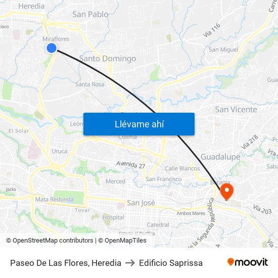 Paseo De Las Flores, Heredia to Edificio Saprissa map