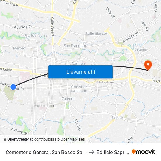 Cementerio General, San Bosco San José to Edificio Saprissa map
