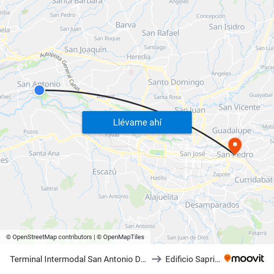 Terminal Intermodal San Antonio De Belén to Edificio Saprissa map