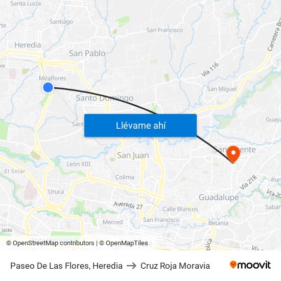 Paseo De Las Flores, Heredia to Cruz Roja Moravia map