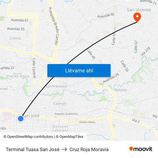 Terminal Tuasa San José to Cruz Roja Moravia map