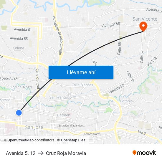 Avenida 5, 12 to Cruz Roja Moravia map