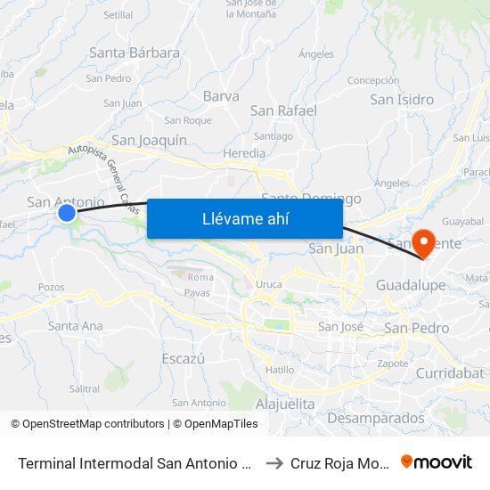 Terminal Intermodal San Antonio De Belén to Cruz Roja Moravia map