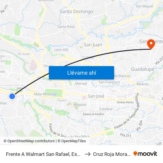 Frente A Walmart San Rafael, Escazú to Cruz Roja Moravia map
