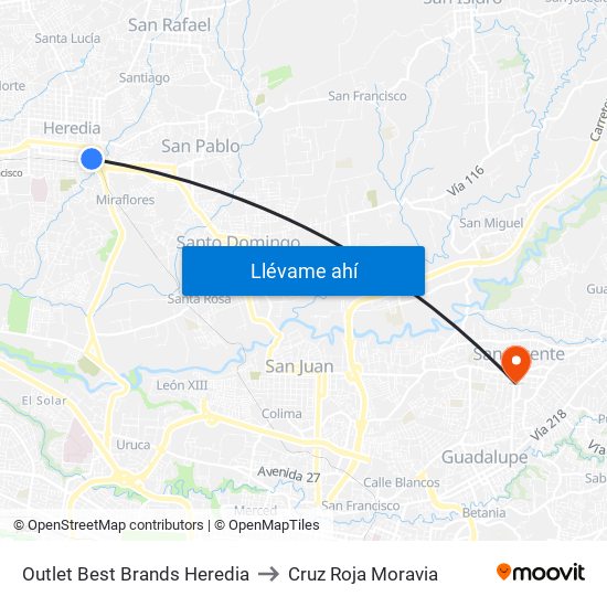 Outlet Best Brands Heredia to Cruz Roja Moravia map