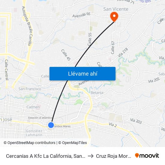 Cercanías A Kfc La California, San José to Cruz Roja Moravia map