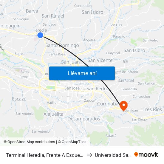 Terminal Heredia, Frente A Escuela Braulio Morales to Universidad Santa Paula map