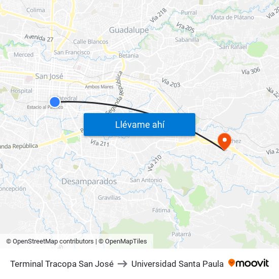 Terminal Tracopa San José to Universidad Santa Paula map