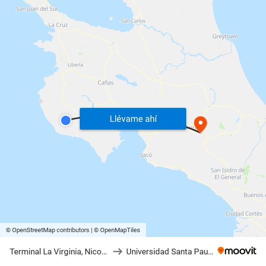 Terminal La Virginia, Nicoya to Universidad Santa Paula map