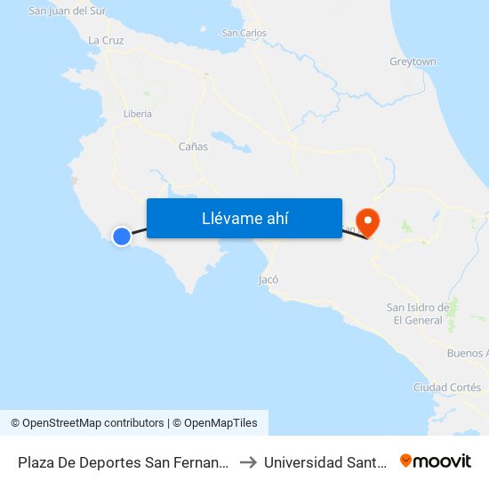 Plaza De Deportes San Fernando, Nicoya to Universidad Santa Paula map