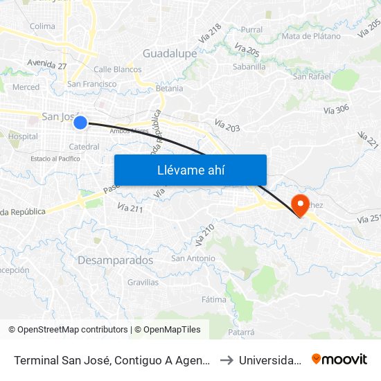 Terminal San José, Contiguo A Agencia Western Union Avenida Segunda to Universidad Santa Paula map