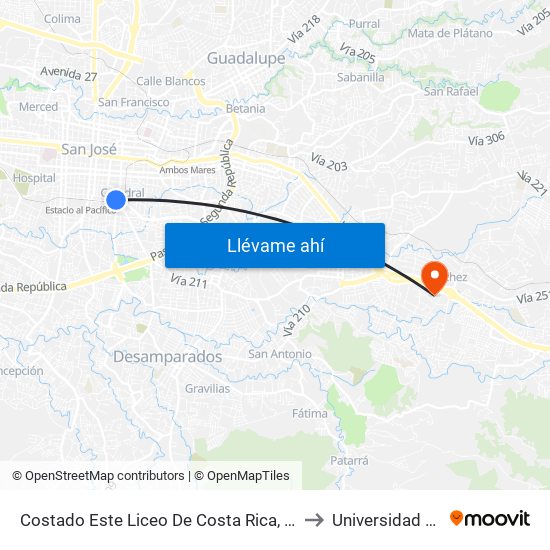 Costado Este Liceo De Costa Rica, González Víquez San José to Universidad Santa Paula map