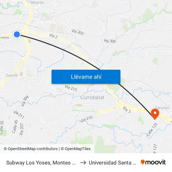 Subway Los Yoses, Montes De Oca to Universidad Santa Paula map