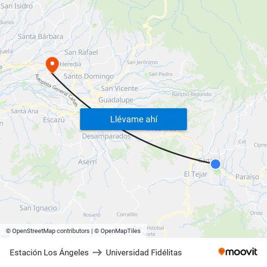 Estación Los Ángeles to Universidad Fidélitas map