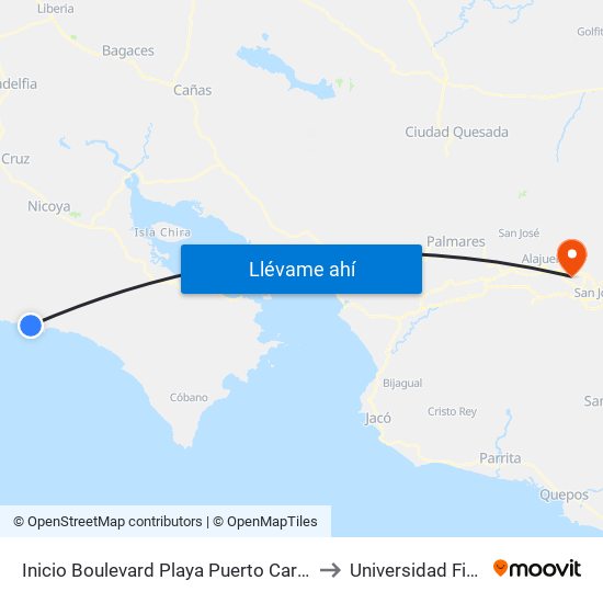 Inicio Boulevard Playa Puerto Carrillo, Nicoya to Universidad Fidélitas map