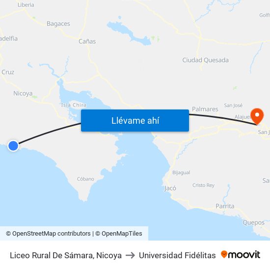 Liceo Rural De Sámara, Nicoya to Universidad Fidélitas map