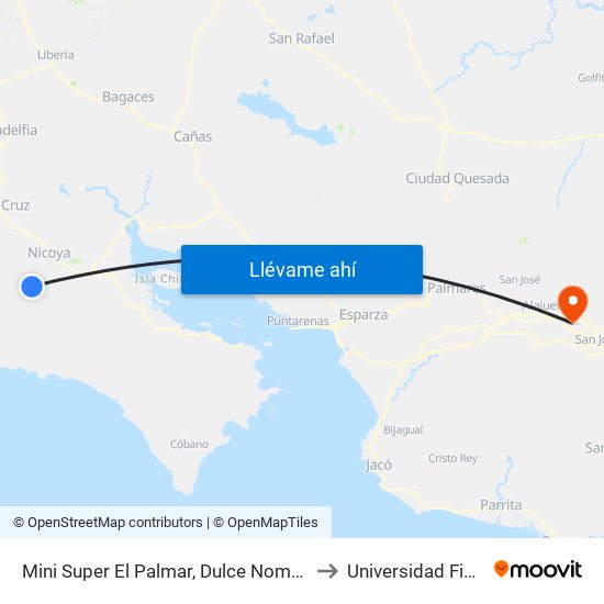 Mini Super El Palmar, Dulce Nombre Nicoya to Universidad Fidélitas map
