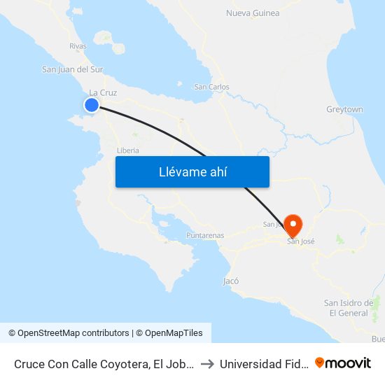 Cruce Con Calle Coyotera, El Jobo La Cruz to Universidad Fidélitas map