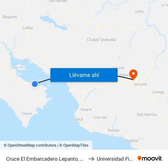 Cruce El Embarcadero Lepanto, Puntarenas to Universidad Fidélitas map