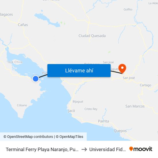 Terminal Ferry Playa Naranjo, Puntarenas to Universidad Fidélitas map
