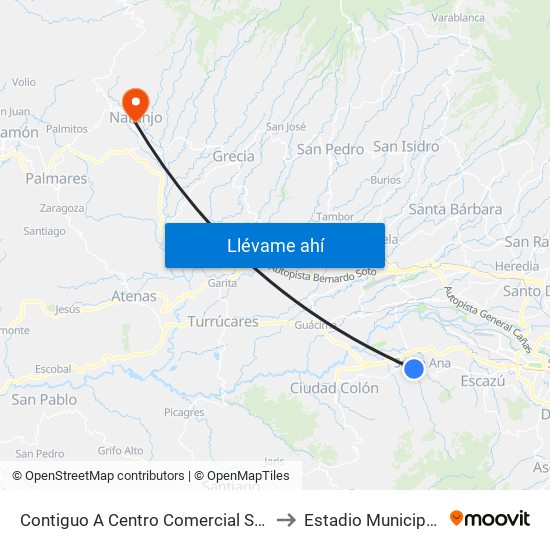 Contiguo A Centro Comercial Santa Ana Town Center to Estadio Municipal De Naranjo map