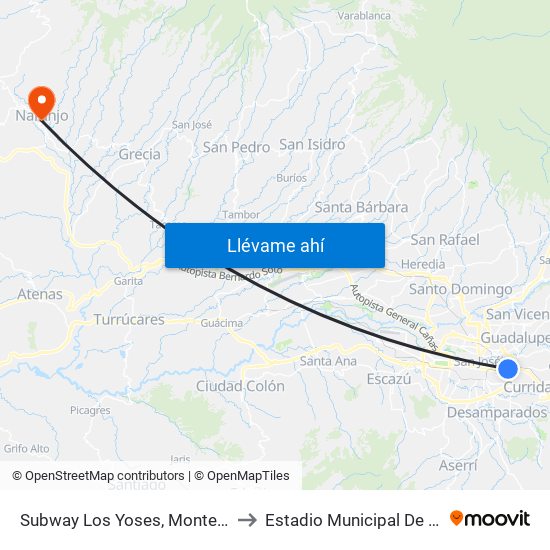 Subway Los Yoses, Montes De Oca to Estadio Municipal De Naranjo map