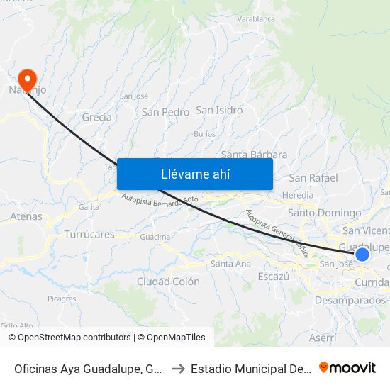 Oficinas Aya Guadalupe, Goicoechea to Estadio Municipal De Naranjo map