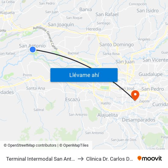 Terminal Intermodal San Antonio De Belén to Clínica Dr. Carlos Durán Cartín map