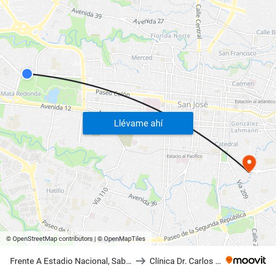 Frente A Estadio Nacional, Sabana Norte San José to Clínica Dr. Carlos Durán Cartín map