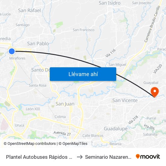 Plantel Autobuses Rápidos Heredianos, Pirro Heredia to Seminario Nazareno De Las Américas map