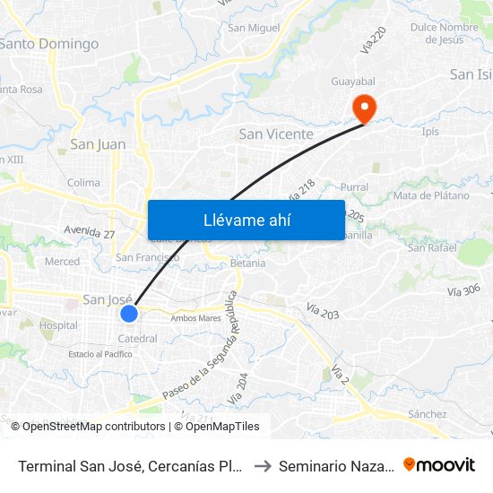 Terminal San José, Cercanías Plaza De Las Garantías Sociales La Soledad to Seminario Nazareno De Las Américas map