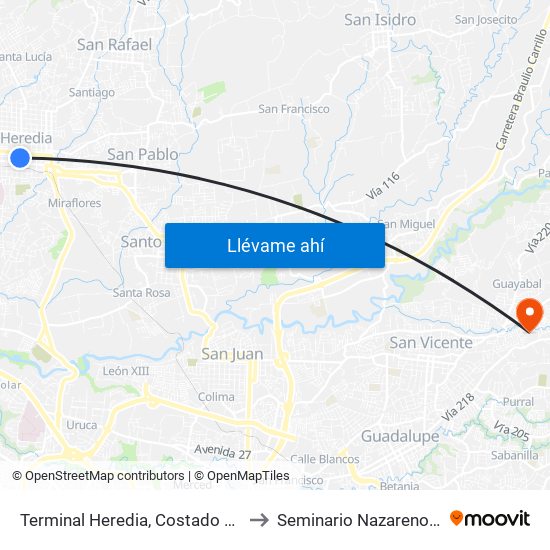 Terminal Heredia, Costado Norte Mercado Heredia to Seminario Nazareno De Las Américas map