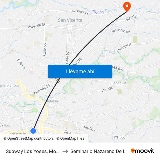 Subway Los Yoses, Montes De Oca to Seminario Nazareno De Las Américas map
