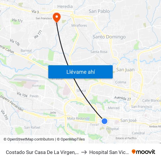 Costado Sur Casa De La Virgen, San Bosco San José to Hospital San Vicente De Paúl map